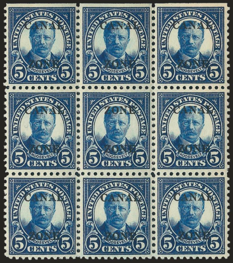 1925, 5c Dark Blue, Ty. B Ovpt., Zone Zone Error (86a).> Mint N.H. block of nine, center stamp the error, Very Fine, choice example, with 1991 P.F. certificate, Scott Retail as hinged