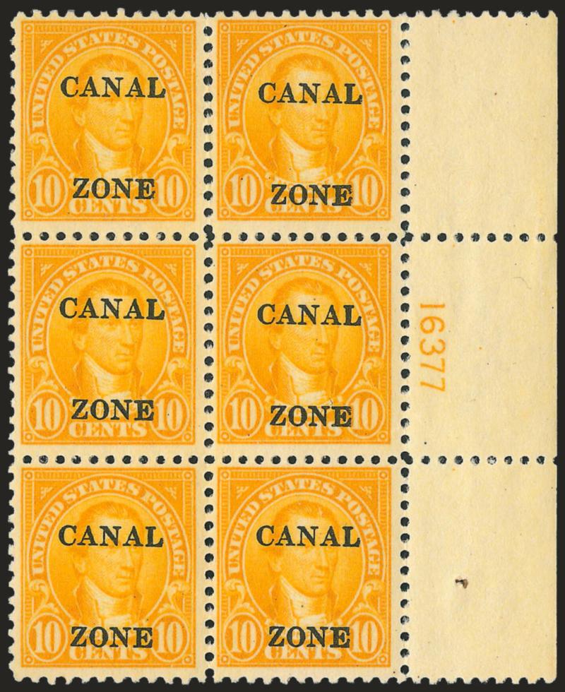 1925, 10c Orange, Ty. B Ovpt. (87).> Right plate no. 16377 block of six, Fine-Very Fine