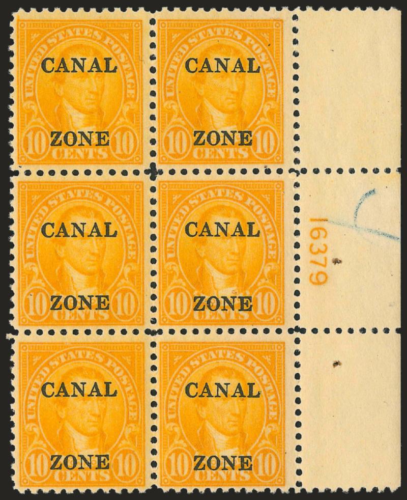 1925, 10c Orange, Ty. B Ovpt. (87).> Right plate no. 16379 block of six, light blue P.O. pencil mark in selvage, Very Fine