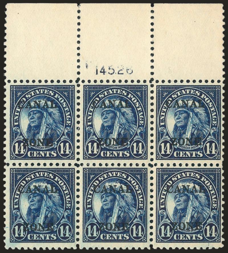 1925, 14c Dark Blue, Ty. B Ovpt. (89).> Mint N.H. wide top plate no. F14526 block of six, slight dry print in plate no., Fine-Very Fine, Scott Retail as hinged
