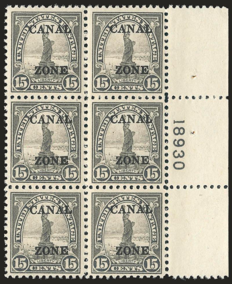 1925, 15c Gray, 17c Black, Ty. B Ovpts. (90-91).> Right plate no. 18930 and left plate no. 18028 blocks of six, former Mint N.H. (natural gum skips), latter barely hinged, exceptional centering, Very
Fine-Extremely Fine, Scott Retail as hinged