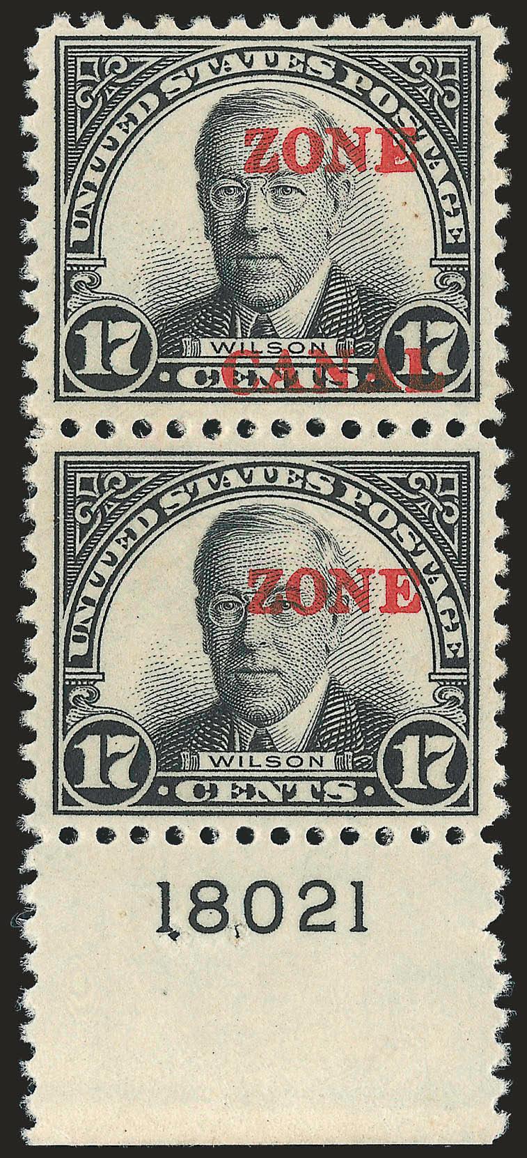 1925, 17c Black, Ty. B Ovpt., Zone Only and Zone Canal Errors (91a, 91c).> Vertical se-tenant pair with bottom plate no. 18021 selvage, lightly hinged, Fine-Very Fine, with only 20 printed and the other plate
being 18023 (offered in the precedi