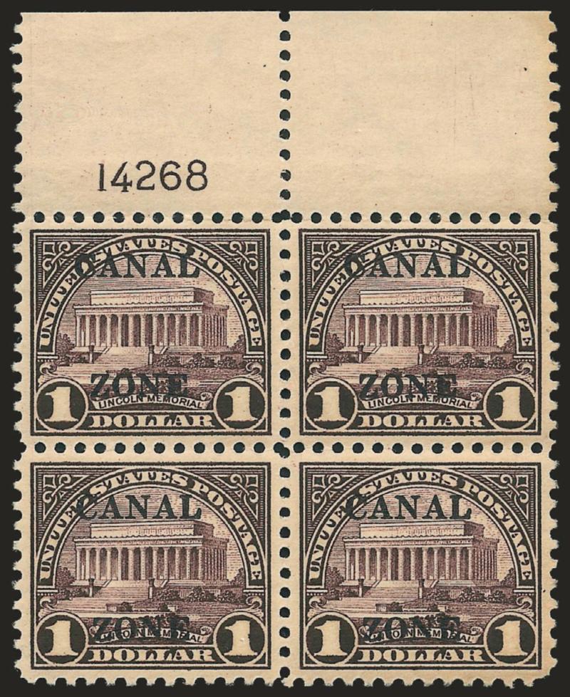 1925, $1.00 Violet Brown, Ty. B Ovpt. (95).> Mint N.H. block of four with top plate no. 14268 selvage, wonderfully well-centered and remarkably fresh, Extremely Fine, Scott Retail as four Mint N.H.
singles