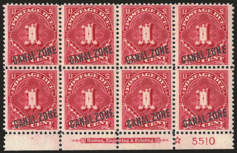 1914, 1c Rose Carmine, Postage Due (J1).> Bottom imprint, star and plate no. 5510 block of eight, very slight tropical original gum, couple small selvage separations, Very Fine, attractive plate block