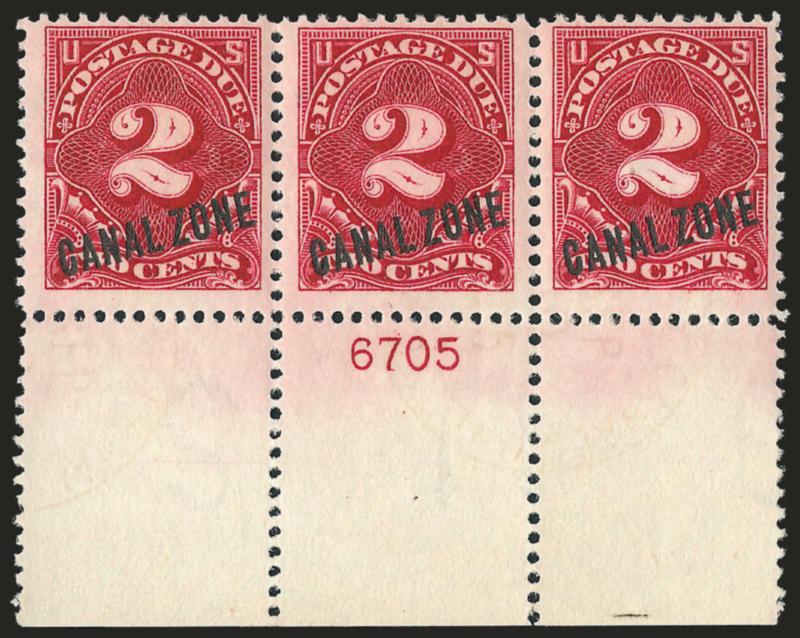 1914, 2c Rose Carmine, Postage Due (J2).> Wide bottom plate no. 6705 strip of three, center stamp tiny hinge mark, end stamps Mint N.H., Fine and handsome, Scott Retail as three hinged singles