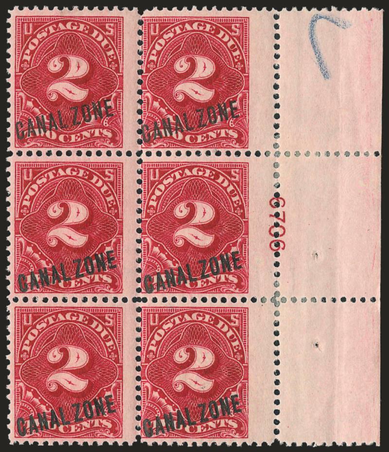 1914, 2c Rose Carmine, Postage Due (J2).> Right plate no. 6706 block of six, tropical original gum, perforated exceptionally wide at right bisecting the plate no., small selvage hinge reinforcements, trivial
blue P.O. crayon in top right selvage, Fin