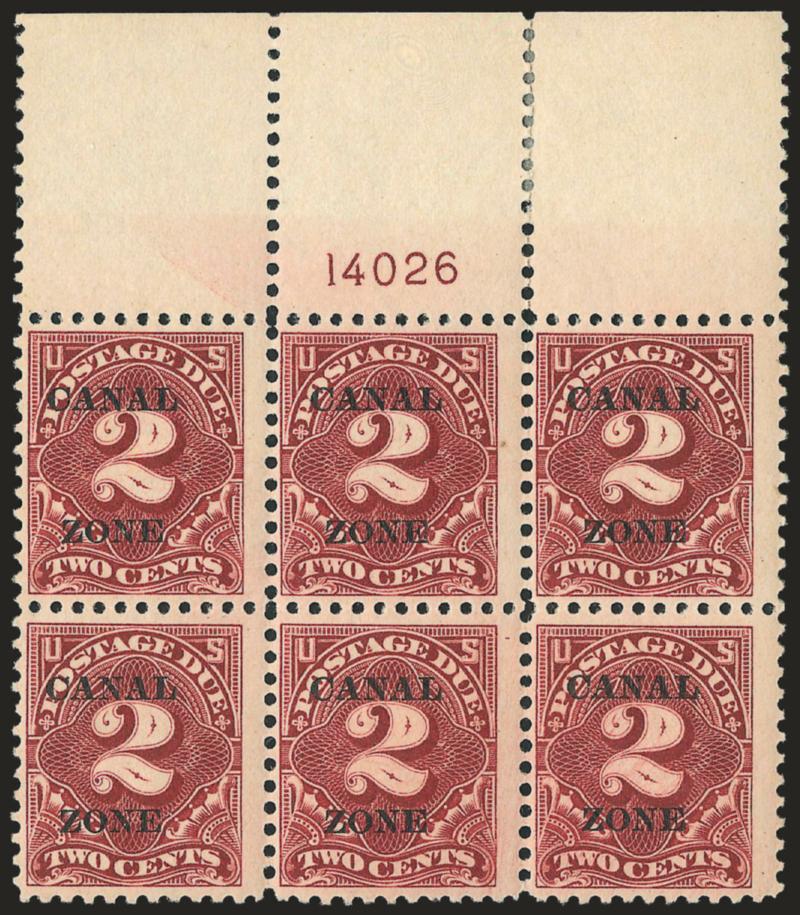 1924, 2c Deep Claret, Postage Due (J13).> Wide top plate no. 14026 block of six, slight tropical original gum, trivial selvage hinge reinforcement, Fine