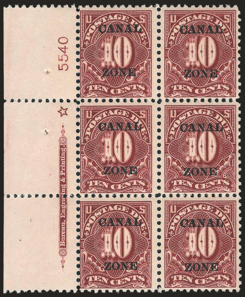 1924, 10c Deep Claret, Postage Due (J14).> Left imprint, star and plate no. 5540 block of six with wide spacing of overprint, deep rich color<><>^FRESH AND FINE. AN ATTRACTIVE PLATE BLOCK OF THE 10-CENT POSTAGE
DUE WITH FLAT A.^<><>Ex Plass.