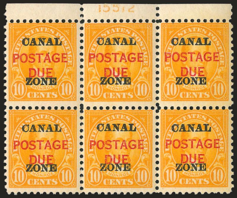 1925, 10c Orange, Postage Due (J17).> Top plate nos. 15512 and 15513 blocks of six, tropical original gum, narrow selvage just into plate no. on each, Fine