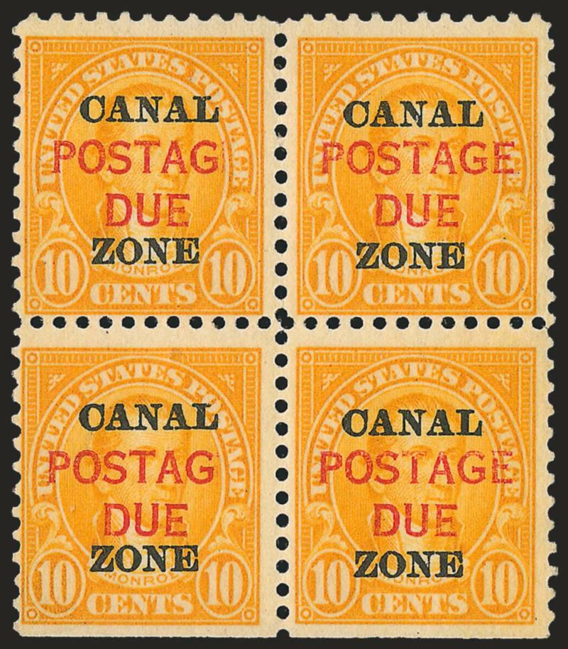 1925, 10c Orange, Postage Due, E of Postage Omitted (J17b).> Block of four, pos. 83-84, 93-94, <left pair the errors,> natural s.e. at bottom as always since the error occurs only twice on the pane and only in
the given positions, Fine and very s