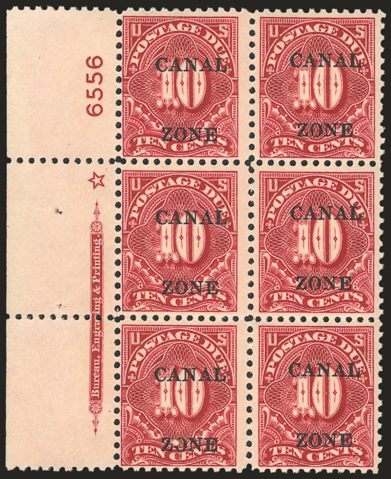 1925, 10c Carmine Rose, Postage Due (J20).> Left imprint, star and plate no. 6556 block of six, rich color, slight tropical original gum, Fine-Very Fine, very scarce