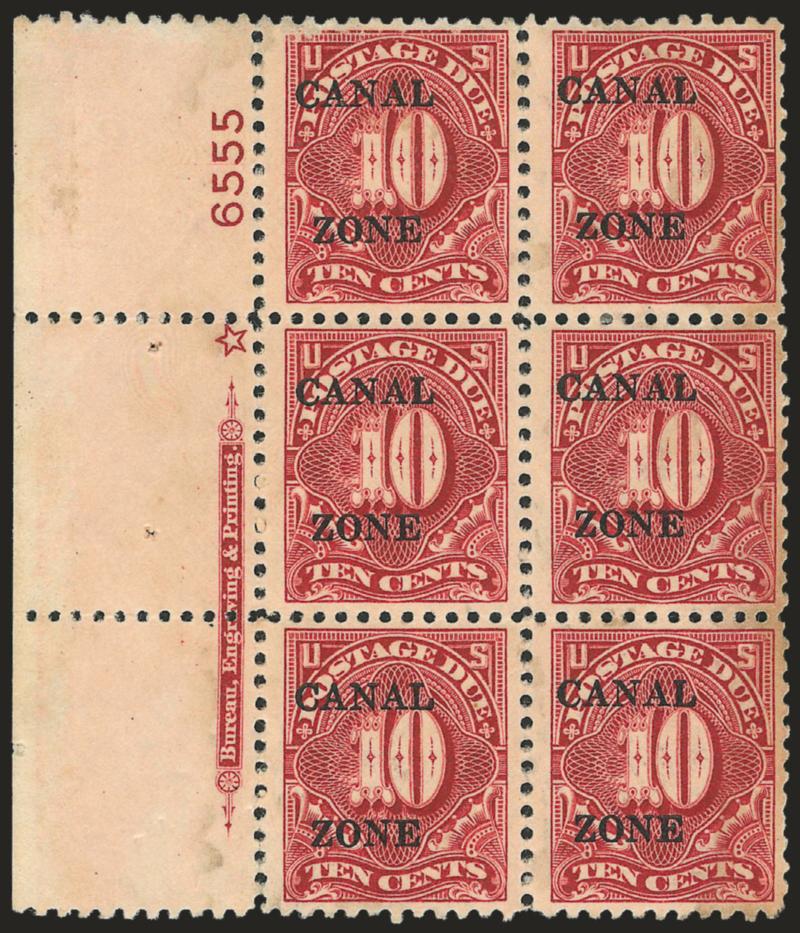 1925, 10c Carmine Rose, Postage Due (J20).> Left imprint, star and plate no. 6555 block of six, rich color, disturbed tropical original gum and slight staining, otherwise Fine-Very Fine, very scarce