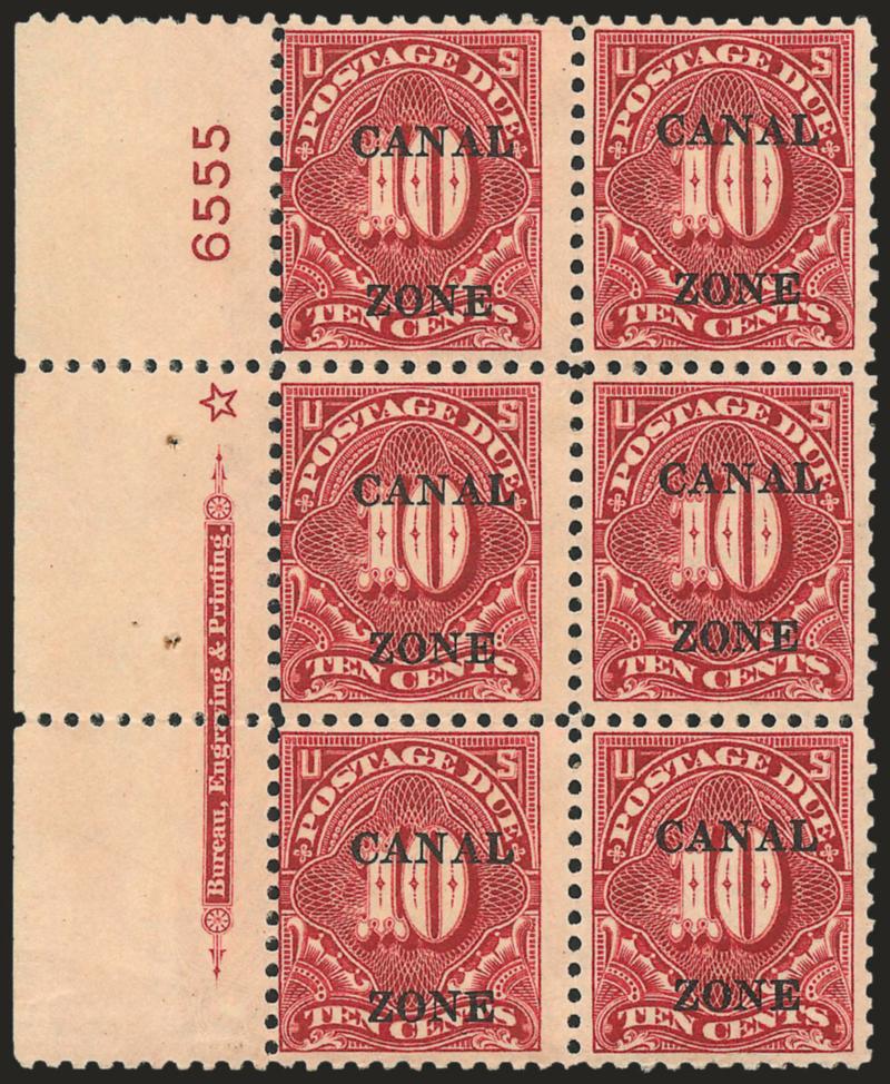 1925, 10c Carmine Rose, Postage Due (J20).> Left imprint, star and plate no. 6555 block of six, rich color, tropical original gum, Fine-Very Fine, very scarce