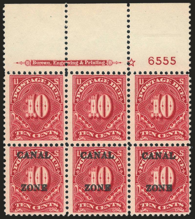 1925, 10c Carmine Rose, Postage Due, Vertical Pair, One Missing Ovpt. (J20a).> Top imprint, star and plate no. 6555 block of six with wide selvage, <top three stamps missing the overprint,> stamps Mint N.H.,
lightly hinged in ungummed part of selvage