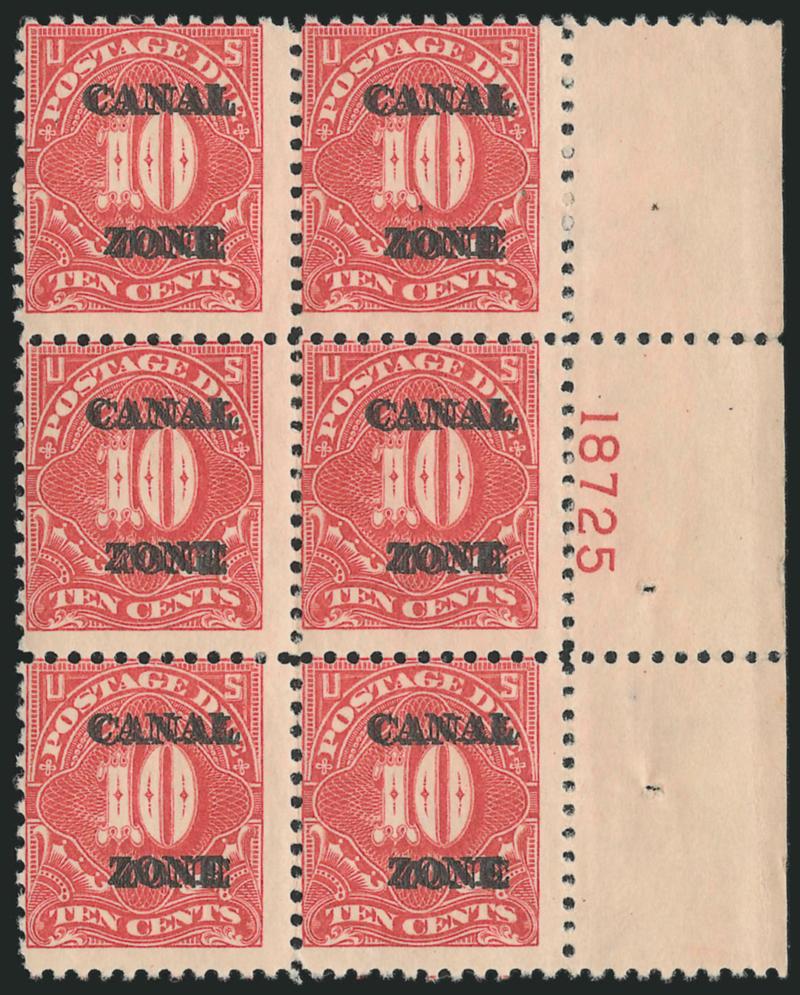 1925, 10c Rose Red, Postage Due, Double Ovpt. (J20c).> Right imprint and plate no. 18725 block of six, lightly hinged, each stamp with clear second overprint, light pencil plating nos. on back of each
stamp<><>^FRESH AND FINE. AN EXCEEDINGLY RARE P