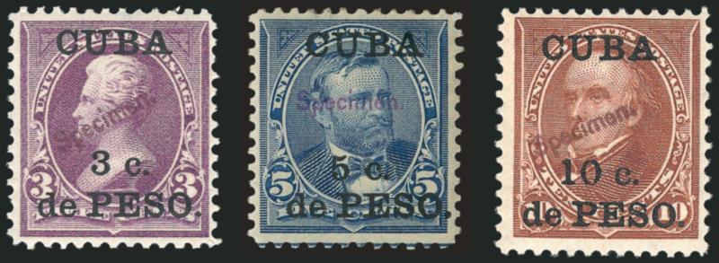 1899, 1c-10c Specimen Ovpts. (221S-226S).> One of each plus <additional 1c, 2c, 2-12c and 5c showing the horizontal and diagonal ovpts.,> the inks of the ovpts are different (purple and dark purple), one color
is usually associated with the 100 or
