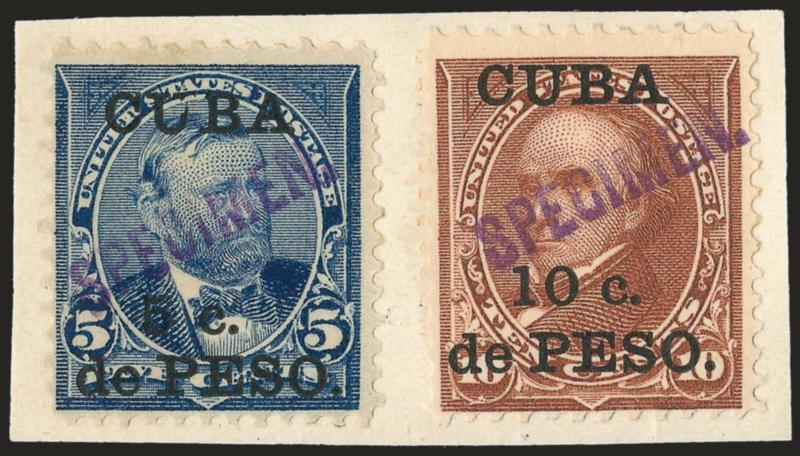 1899, 1c-10c Natal UPU Overseas Specimen Ovpts. (221S-226S, 232S).> All on small pieces of paper from the post office archives of Natal, the purple block letter ovpts. applied upon receipt from the UPU,
Fine-Very Fine, rare offering, with 1981 B.P.