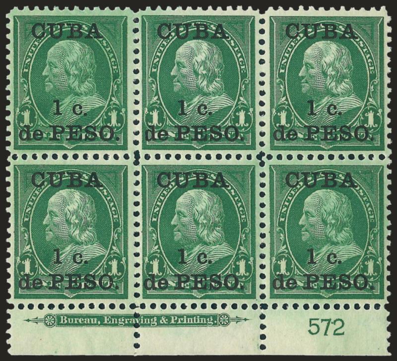 1899, 1c-2c Ovpts. (221, 222A).> Bottom imprint and plate no. blocks of six, original gum, 1c Mint N.H., 2c light toning on back of one and selvage hinge reinforcements, otherwise Fine-Very Fine, the 1c is
exceptionally nice