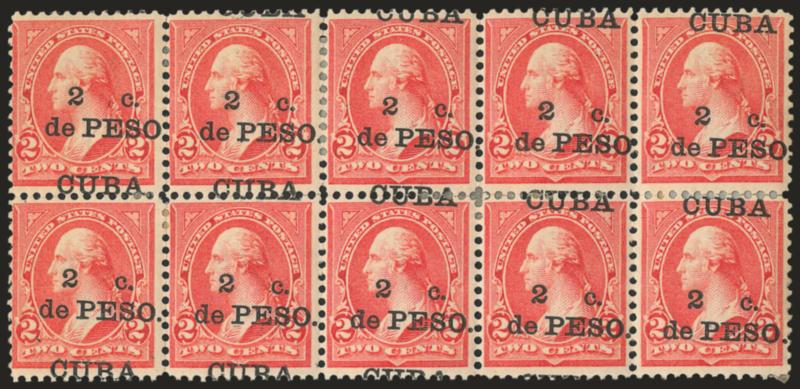 1899, 2c on 2c Reddish Carmine, Ty. IV, Cuba at Bottom (222A var).> Horizontal block of ten, original gum, ovpt. angles down to the right, pos. 1 and 6 qualify for the variety, then begins to split until the
right pair almost normal with a high o