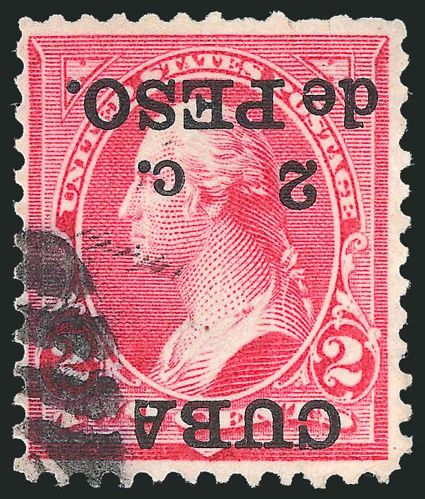 1899, 2c on 2c Reddish Carmine, Inverted Overprint (222Ac).> Neat strike of grid cancel at bottom left leaves inverted overprint clearly visible, bright color, two small thin spots, light corner creases<><>^FINE
APPEARANCE. A RARE USED EXAMPLE OF T