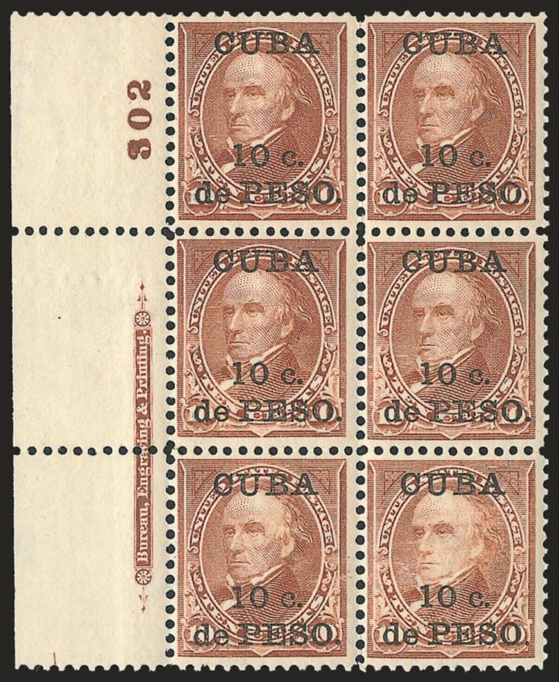 1899, 10c on 10c Brown, Ty. I (226).> Mint N.H. left imprint and plate no. 302 block of six, bright color, bottom left stamp natural gum skip, Very Fine, Scott Retail as hinged
