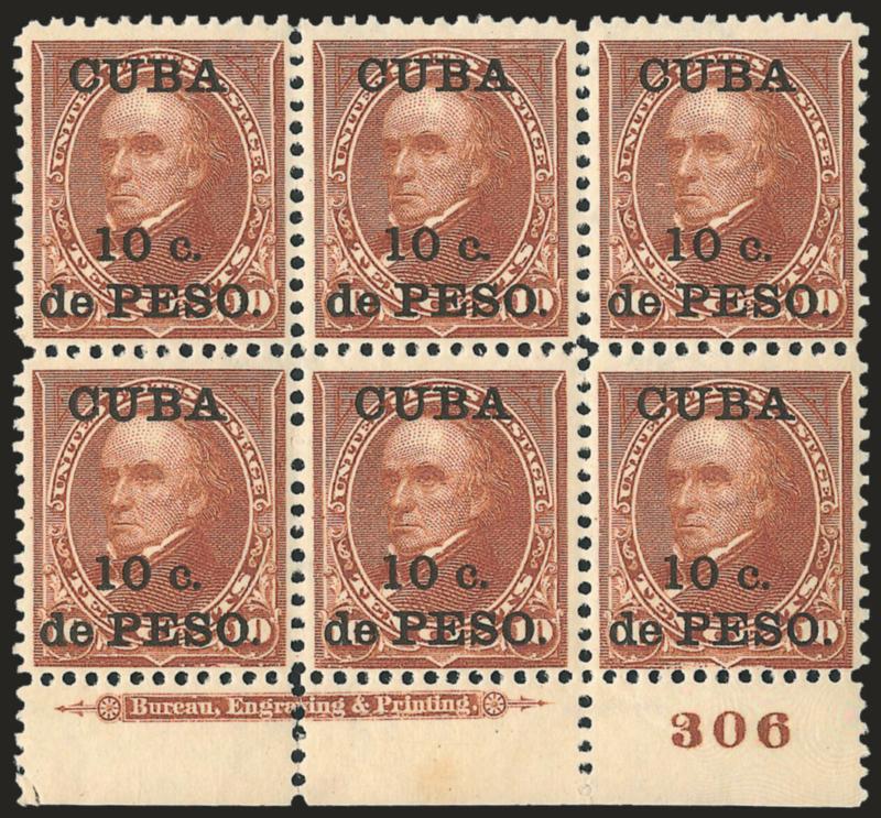 1899, 10c on 10c Brown, Ty. I (226).> Mint N.H. bottom imprint and plate no. 306 block of six, wonderfully fresh, small selvage fault at extreme bottom left corner clear of imprint and plate no., otherwise
Fine-Very Fine, Scott Retail as hinged