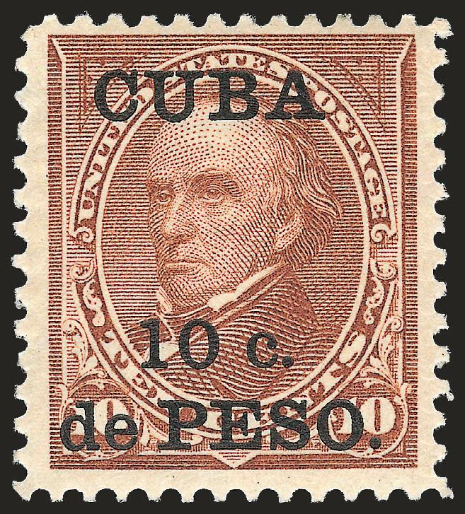 1900, 10c on 10c Brown, Ty. II (226A).> Barest trace of hinge, brilliant color, choice centering with Jumbo margins, faint bend at top left corner not mentioned on accompanying certificate<><>^VERY FINE AND
CHOICE. A GORGEOUS EXAMPLE OF THE CUBA 10