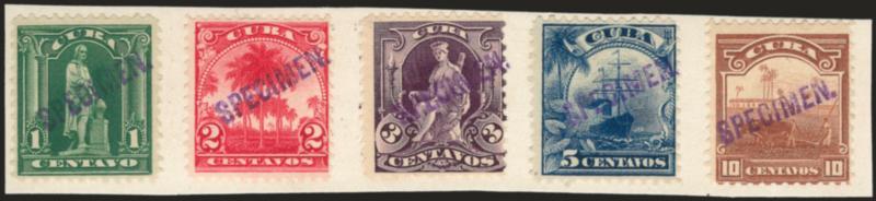 1899, 1c-10c Republic Issues, Natal UPU Overseas Specimen Ovpts. (227S var-231S var).> Affixed on small piece of paper as removed from the UPU archives of Natal, bright colors, Fine, with 1981 B. P. A.
certificate