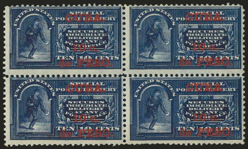 1899, 10c on 10c Blue, Special Delivery, No Period After Cuba (E1, E1a).> Mint N.H. block of four, pos. 4 the variety, couple trivial gum toning specks, otherwise Fine, Scott Retail as hinged