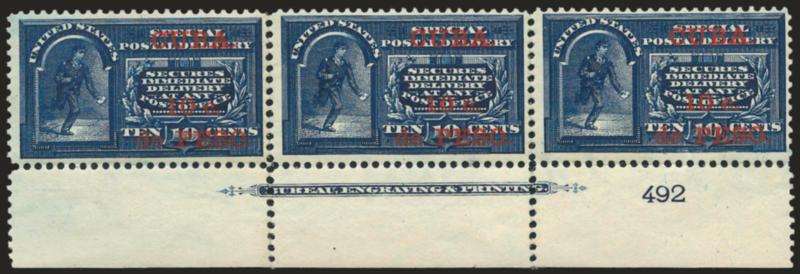 1899, 10c on 10c Blue, Special Delivery, Second Printing, Corrected Missing Period (E1a var).> Bottom imprint and plate no. 492 strip of three, disturbed and slightly soiled original gum, stamps neatly rejoined
and are pos. 47-49, on the First Printi