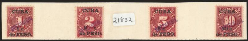 1899, 1c-10c Postage Due, Natal UPU Overseas Specimen Ovpts. (J1S-J4S).> On piece of paper from the post office archives of Natal, the purple block letter ovpts. applied upon receipt from the UPU, Fine-Very
Fine, rare offering, with 1981 B.P.A. cer