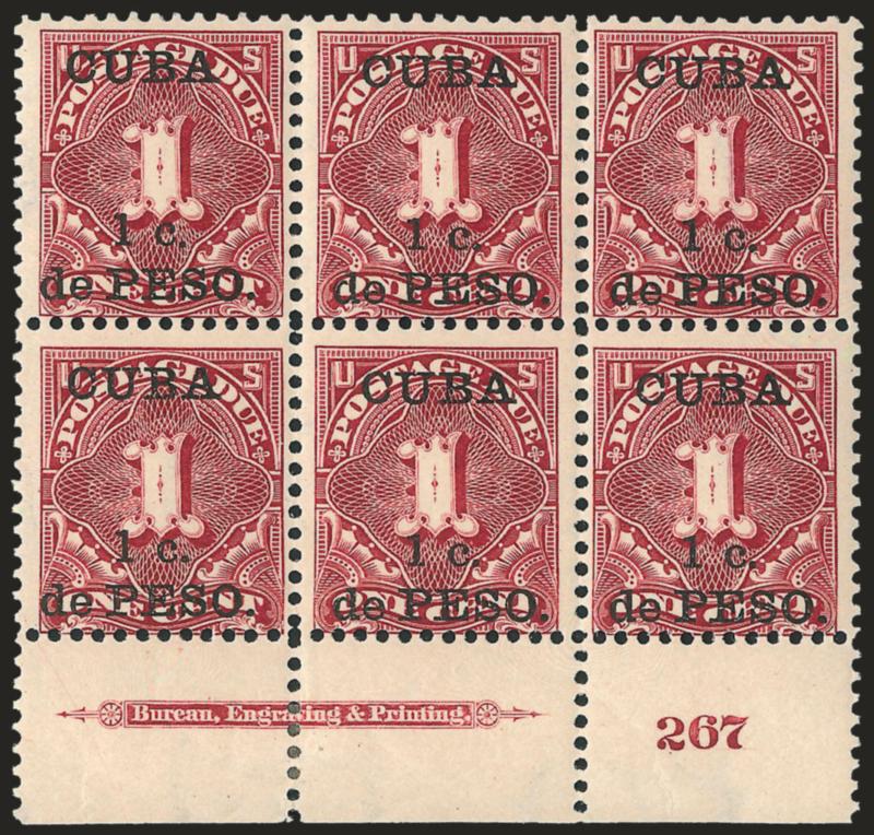 1899, 1c on 1c Deep Claret, Postage Due (J1).> Bottom plate no. 267 block of six, h.r. in selvage, stamps Mint N.H., Fine