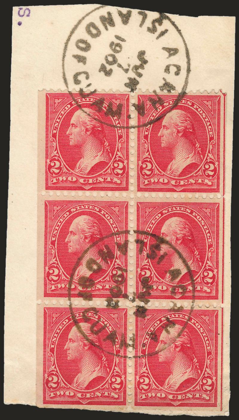 U.S. Booklet Pane Used in Guam.> No. 279Bj in Light Red, arrow and center line pos. 5B (no tab), tied by Agana Island Of Guam Jun. 7, 1902 circular datestamp on piece, Very Fine, scarce as a used regular pane
and even scarcer used in Guam