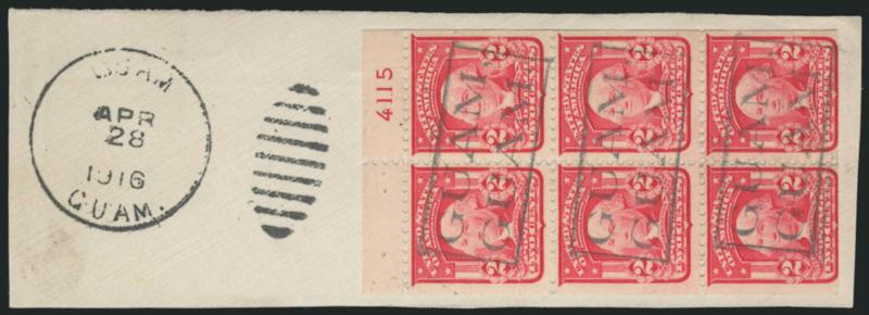 U.S. Booklet Pane Used in Guam.> No. 319 with <plate no. 4115> on piece, tied by boxed Guam Guam cancels, Guam Guam Apr. 28, 1916 duplex datestamp, Very Fine and scarce usage
