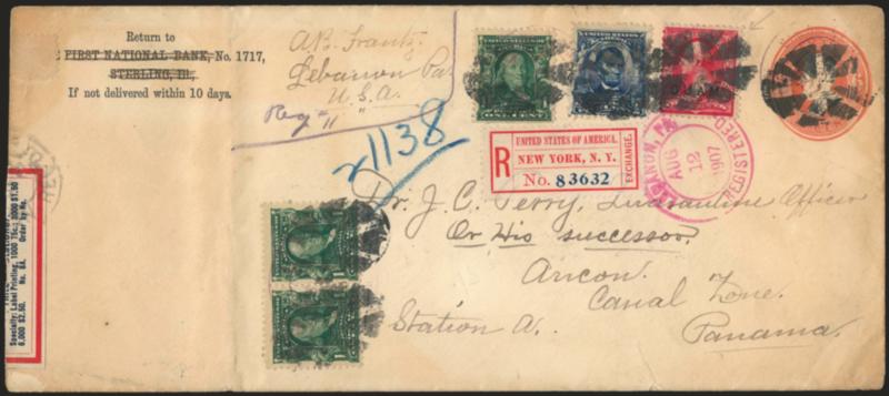 Guam Used in the U.S.> Two items: 6c Red entire (U181) with additional franking incl. three No. 300, 304 and <Guam 2c Red No. 2> sent registered Aug. 12, 1907 from Lebanon Pa. to <Ancon, Canal Zone,> addressed
to Dr. J. C. Perry, registry handstamps