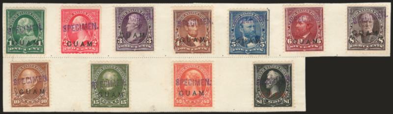 1899, 1c-$1.00 Ty. II, Natal UPU Overseas Specimen Ovpts. (1S-11S, 13S).> Large purple block letter ovpts and affixed on piece from the Natal Post Office archive album, 1c, 2c and 5c natural s.e., 4c small
corner scuff<><>^FINE-VERY FINE. A REMAR