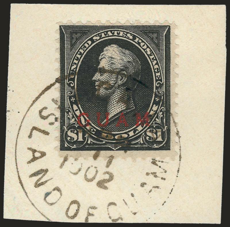 1899, 1c-$1.00 Ovpts. (1, 3, 7-8, 10-12, E1).> Each tied on individual piece by matching Agana Island Of Guam Apr 11 1902 circular datestamps, incl. extra 10c, Fine lot