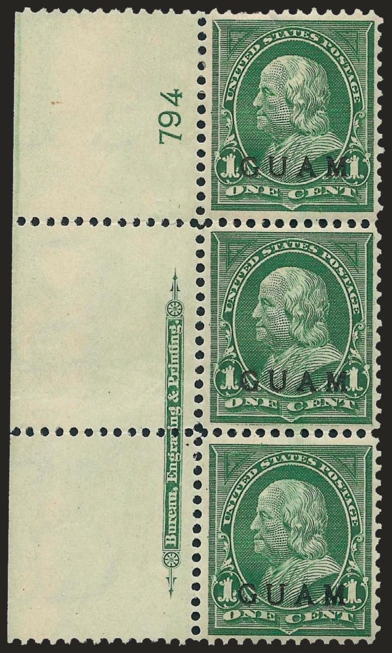 1899, 1c Deep Green, First Printing (1).> Left and bottom imprint and plate nos. 794-797 strips of three, two original gum (one with thins), others unused (no gum) as a result of exposure to sea water during
delivery of the First Printing, complete n