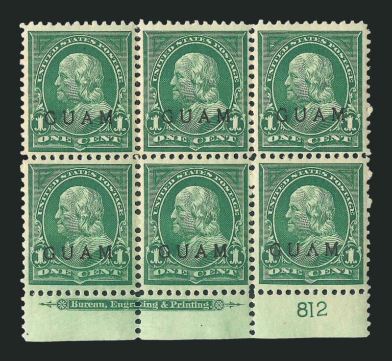 1899, 1c Deep Green, Second Printing (1).> Bottom imprint and plate nos. 810-813, 830-833 blocks of six, slight tropical original gum, top left stamp on no. 810 faulty, otherwise Fine-Very Fine, nos. 812 and 831
exceptionally well-centered, complete