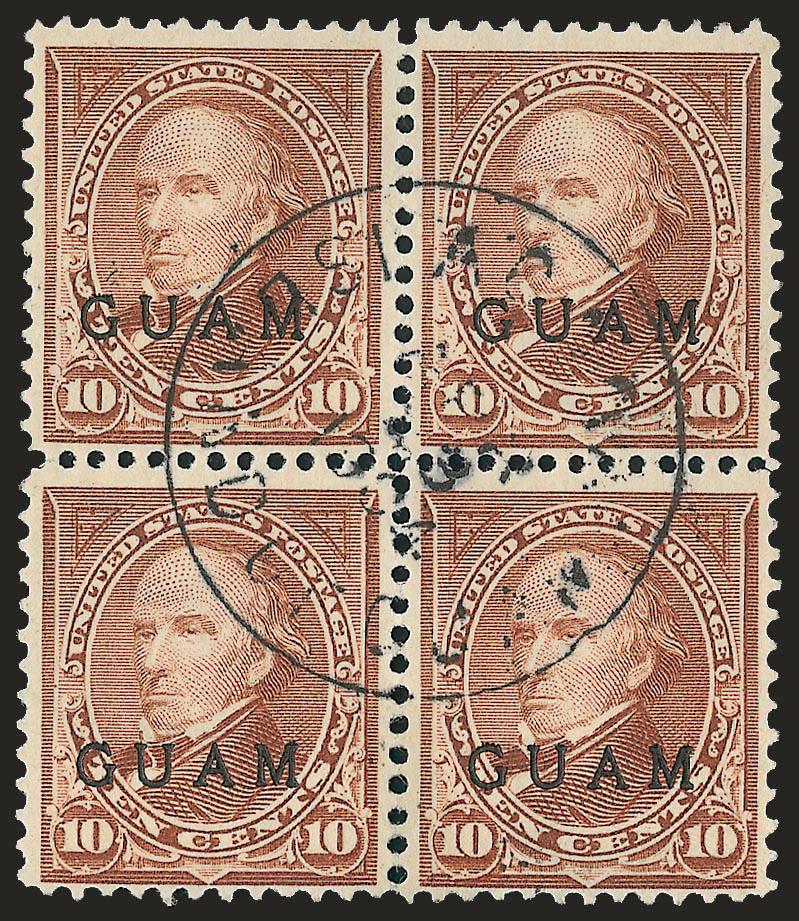 1899, 1c Deep Green, 2c Red, Ty. IV, 10c Brown, Ty. I (1, 2, 8).> Blocks of four, each with centrally struck matching Agana Island Of Guam circular datestamps, Fine-Very Fine, handsome trio of blocks
