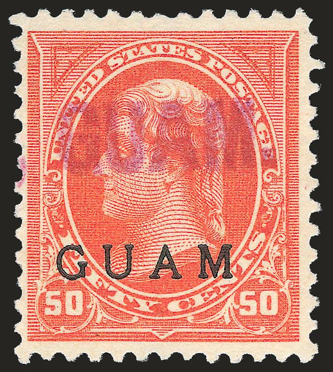 1899, 2c-50c Ovpts. (2, 5-6, 8, 10-11, E1).> Agana or Guam straightline cancels, 6c and 50c in purple, others in blue, Fine and scarce lot