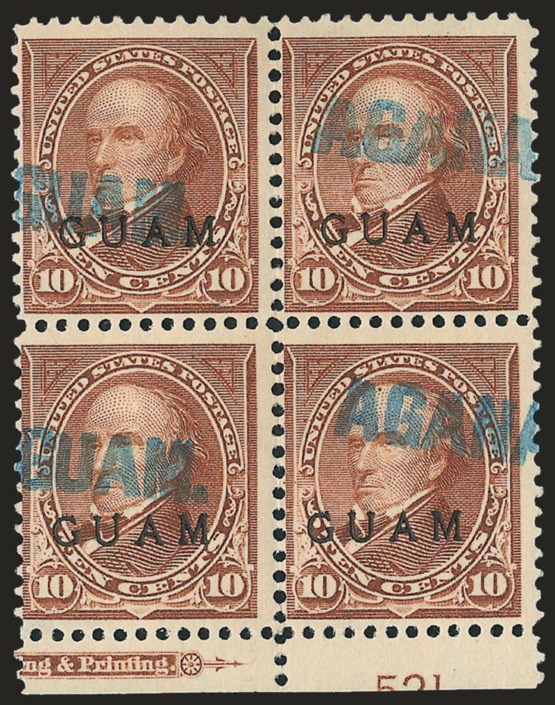 1899, 2c Red, 10c Brown, Ty. I (2, 8).> Three used multiples, incl. 2c horizontal block of eight with blue Guam Ladrone Isls. duplex datestamp, 2c vertical block of twelve (3 x 4) with Agana Island of Guam
circular datestamps (ex Tows), 10c is a