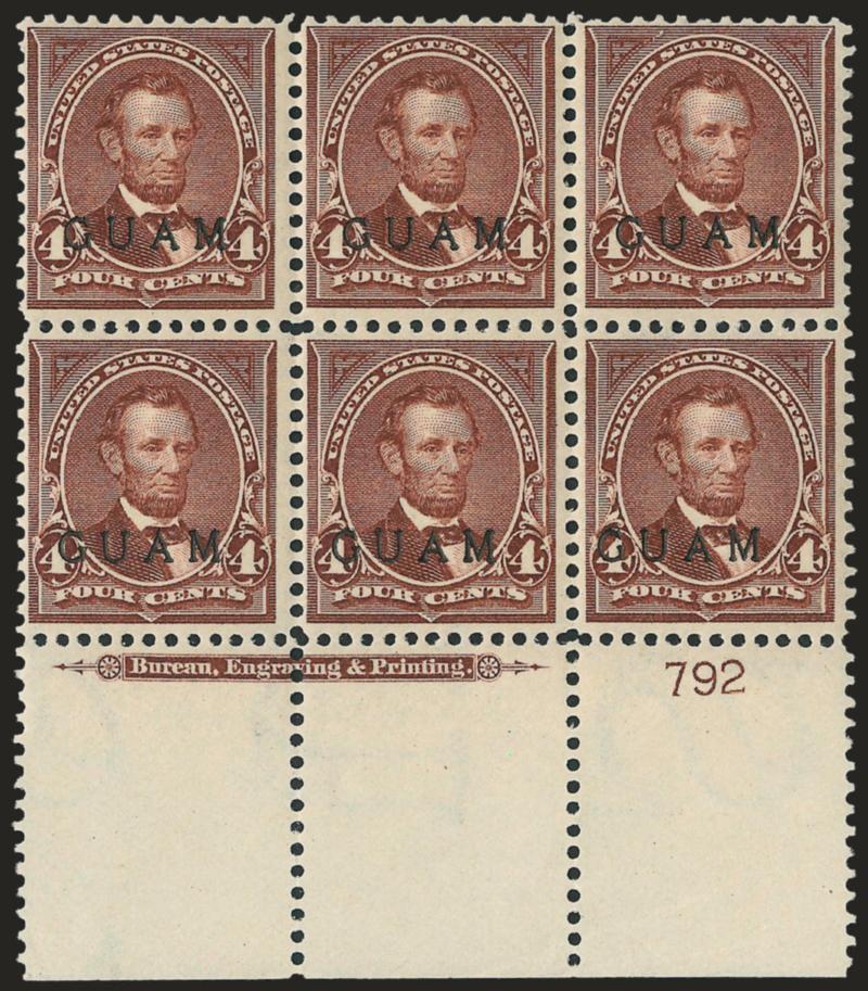 1899, 4c Lilac Brown (4).> Wide bottom imprint and plate no. 792 block of six, rich color, Fine-Very Fine, wonderfully choice condition for this scarce plate block