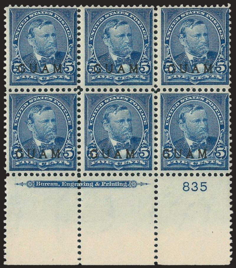 1899, 5c Blue (5).> Wide bottom imprint and plate no. 835 block of six, slight tropical original gum, Fine