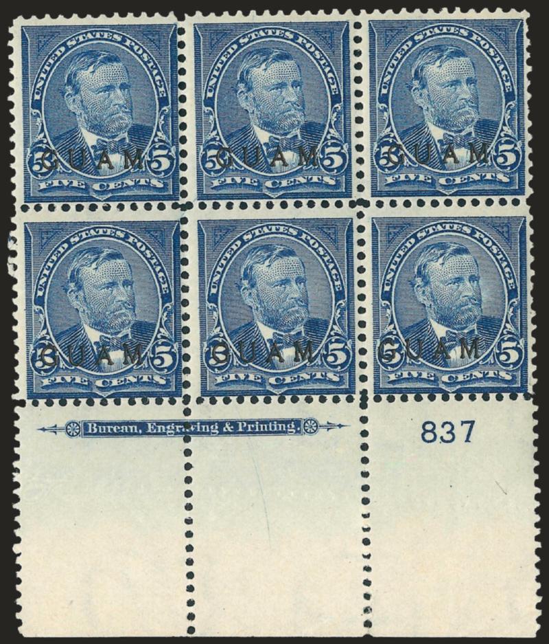 1899, 5c Blue (5).> Wide bottom imprint and plate no. 837 block of six, tropical original gum, tiny margin flaw at the bottom of lower right stamp, otherwise Fine