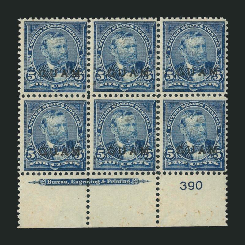 1899, 5c Blue, First Printing (5).> Bottom imprint and plate nos. 389 and 392 strips of three, bottom imprint and plate no. 390 block of six and block of six with part bottom imprint and plate no. 391 selvage,
one strip original gum, others tropical