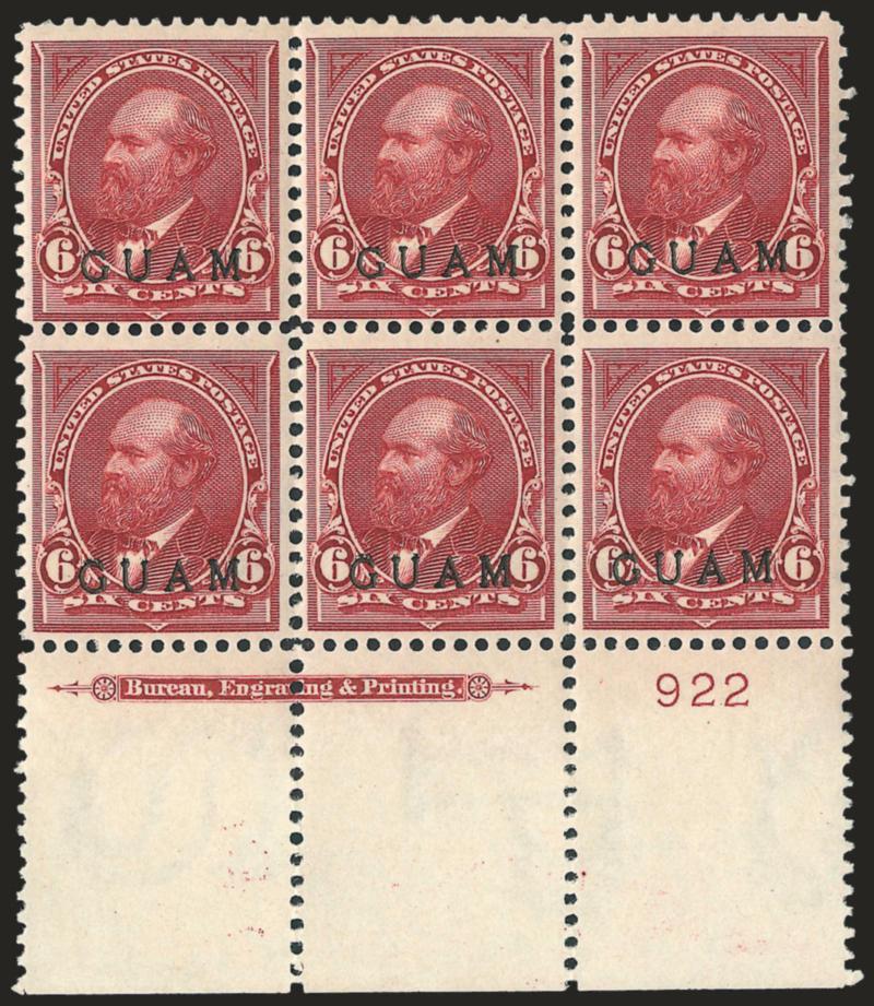 1899, 6c Lake (6).> Wide bottom imprint and plate no. 922 block of six, slight tropical original gum, Fine-Very Fine, handsome plate block