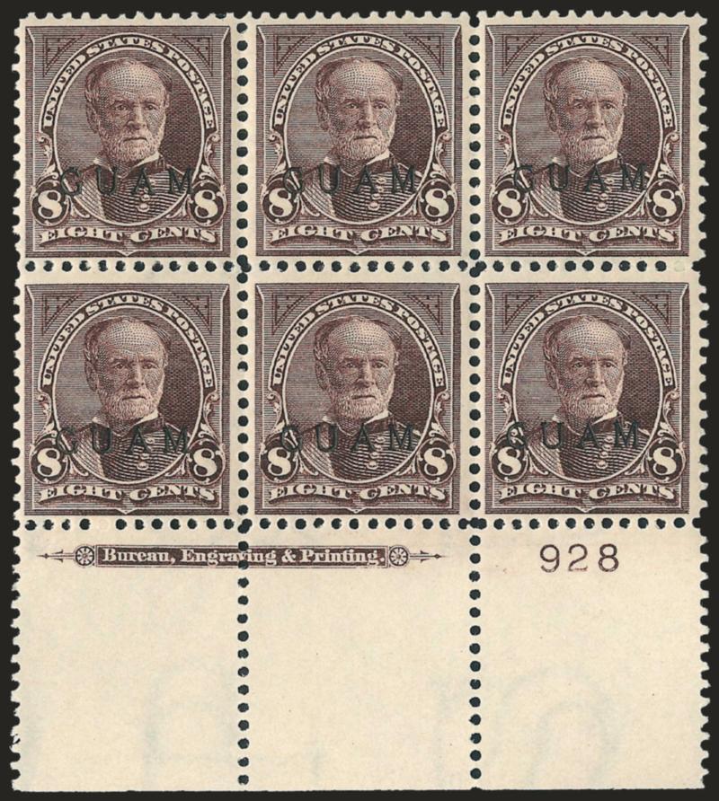 1899, 8c Violet Brown (7).> Wide bottom imprint and plate no. 928 block of six, slight tropical original gum, Very Fine and attractive plate block