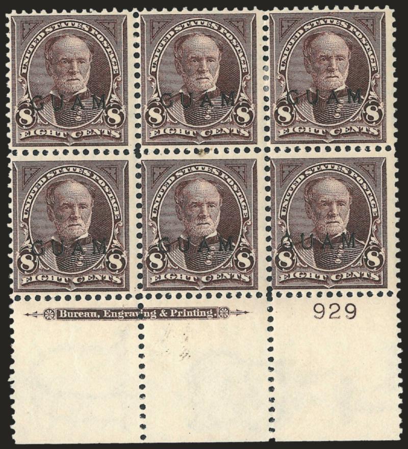1899, 8c Violet Brown (7).> Wide bottom imprint and plate no. 929 block of six, slight tropical original gum, Fine