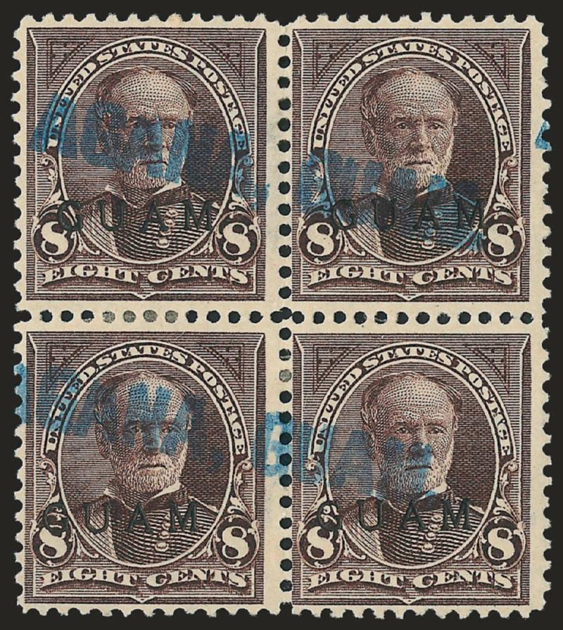1899, 8c Violet Brown (7).> Block of four, blue straightline Agana straightline cancels, Fine, scarce